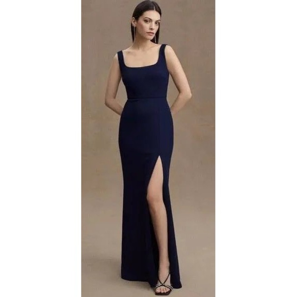 BHLDN Ashlynn Gown Women 12 Midnight Blue Square Neck Side Slit Crepe Formal